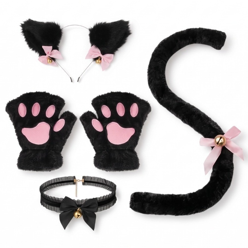 Halloween Plush Cat Animal Costume Set Ears, Paw Gloves, Choker, Headband & Tail